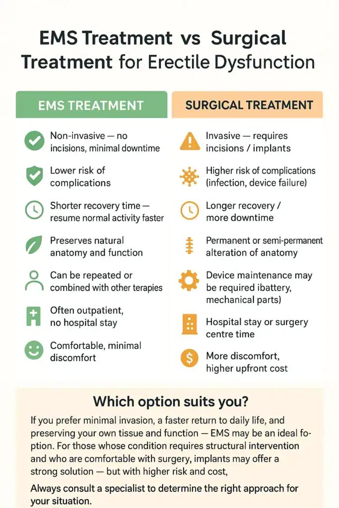 A table showing the benefits of EMS chair for erectile dysfunction treatment Newcastle-under-Lyme compared to surgery.